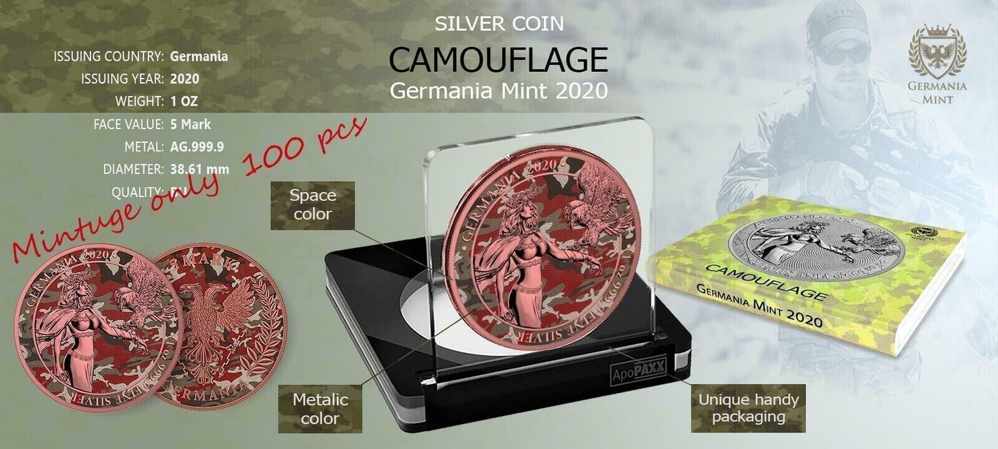 1 Oz Silver Coin 2020 5 Mark Germania Camouflage Edition - Barbarossa
